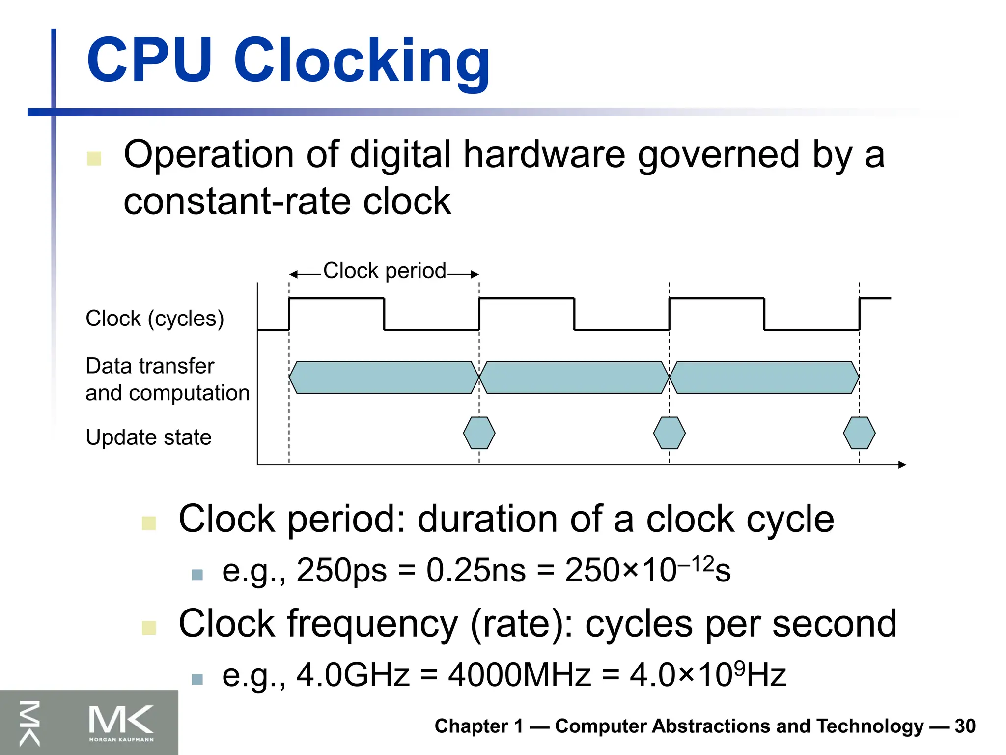 Chapter 1 — Computer Abstractions and Technology — 30
CPU Clocking
 Operation of digital hardware governed by a
constant-rate clock
Clock (cycles)
Data transfer
and computation
Update state
Clock period
 Clock period: duration of a clock cycle
 e.g., 250ps = 0.25ns = 250×10–12s
 Clock frequency (rate): cycles per second
 e.g., 4.0GHz = 4000MHz = 4.0×109Hz
 