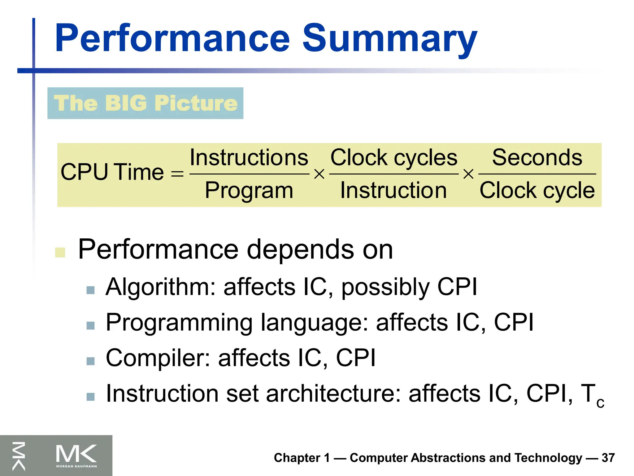 Chapter 1 — Computer Abstractions and Technology — 37
Performance Summary
 Performance depends on
 Algorithm: affects IC, possibly CPI
 Programming language: affects IC, CPI
 Compiler: affects IC, CPI
 Instruction set architecture: affects IC, CPI, Tc
The BIG Picture
cycle
Clock
Seconds
n
Instructio
cycles
Clock
Program
ns
Instructio
Time
CPU 


 