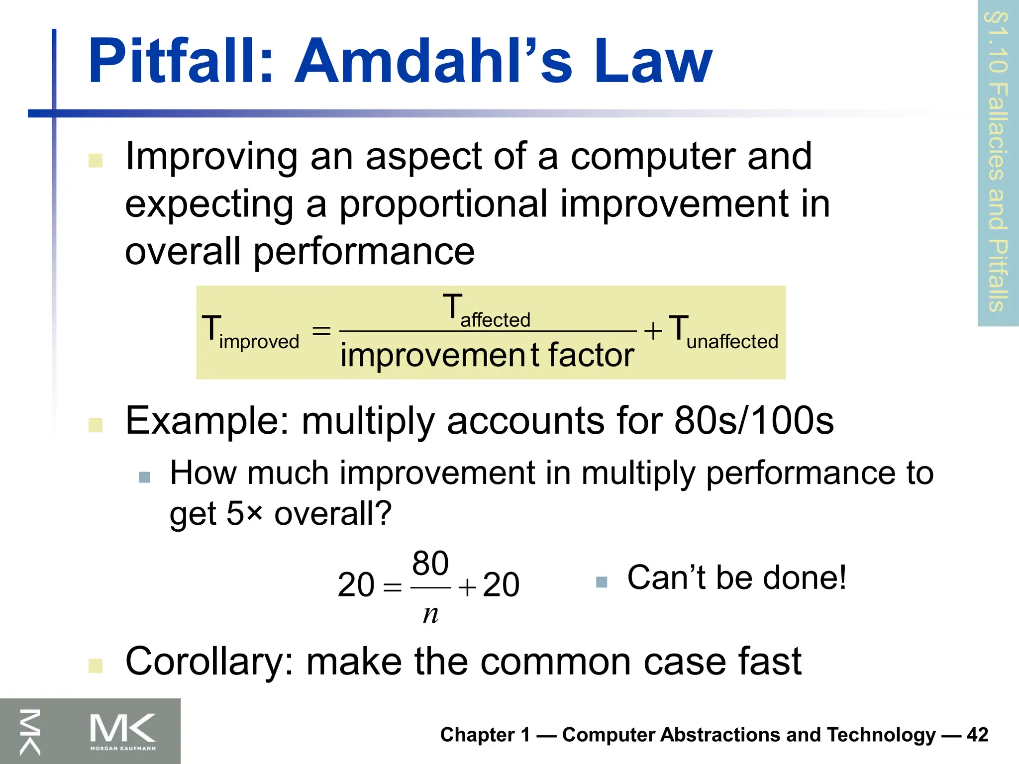 Chapter 1 — Computer Abstractions and Technology — 42
Pitfall: Amdahl’s Law
 Improving an aspect of a computer and
expecting a proportional improvement in
overall performance
§1.10
Fallacies
and
Pitfalls
20
80
20 

n
 Can’t be done!
unaffected
affected
improved T
factor
t
improvemen
T
T 

 Example: multiply accounts for 80s/100s
 How much improvement in multiply performance to
get 5× overall?
 Corollary: make the common case fast
 
