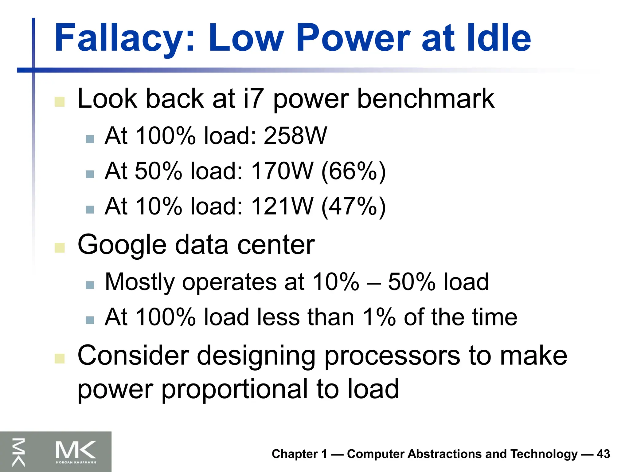 Chapter 1 — Computer Abstractions and Technology — 43
Fallacy: Low Power at Idle
 Look back at i7 power benchmark
 At 100% load: 258W
 At 50% load: 170W (66%)
 At 10% load: 121W (47%)
 Google data center
 Mostly operates at 10% – 50% load
 At 100% load less than 1% of the time
 Consider designing processors to make
power proportional to load
 