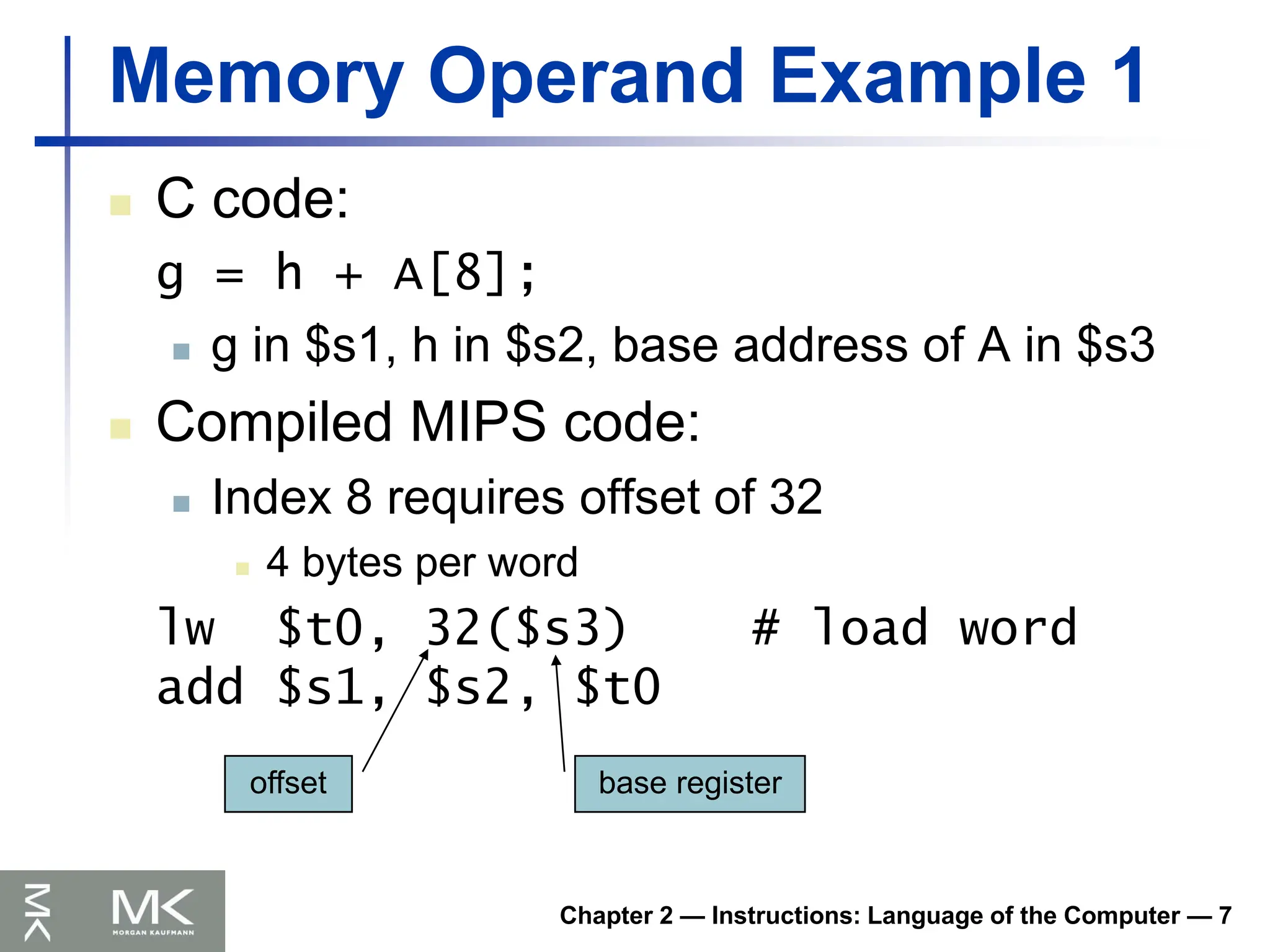 Chapter 2 — Instructions: Language of the Computer — 7
Memory Operand Example 1
 C code:
g = h + A[8];
 g in $s1, h in $s2, base address of A in $s3
 Compiled MIPS code:
 Index 8 requires offset of 32
 4 bytes per word
lw $t0, 32($s3) # load word
add $s1, $s2, $t0
offset base register
 