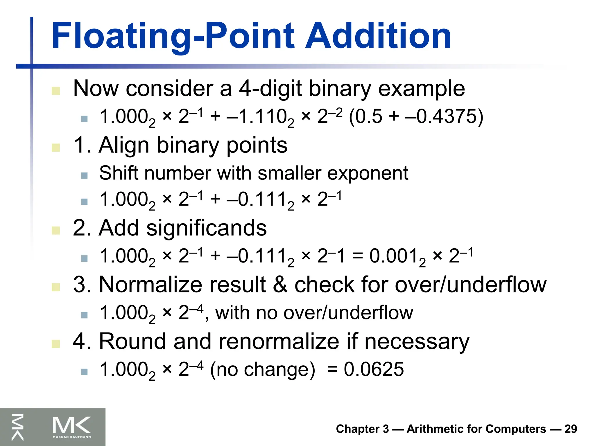 Chapter 3 — Arithmetic for Computers — 29
Floating-Point Addition
 Now consider a 4-digit binary example
 1.0002 × 2–1 + –1.1102 × 2–2 (0.5 + –0.4375)
 1. Align binary points
 Shift number with smaller exponent
 1.0002 × 2–1 + –0.1112 × 2–1
 2. Add significands
 1.0002 × 2–1 + –0.1112 × 2–1 = 0.0012 × 2–1
 3. Normalize result & check for over/underflow
 1.0002 × 2–4, with no over/underflow
 4. Round and renormalize if necessary
 1.0002 × 2–4 (no change) = 0.0625
 