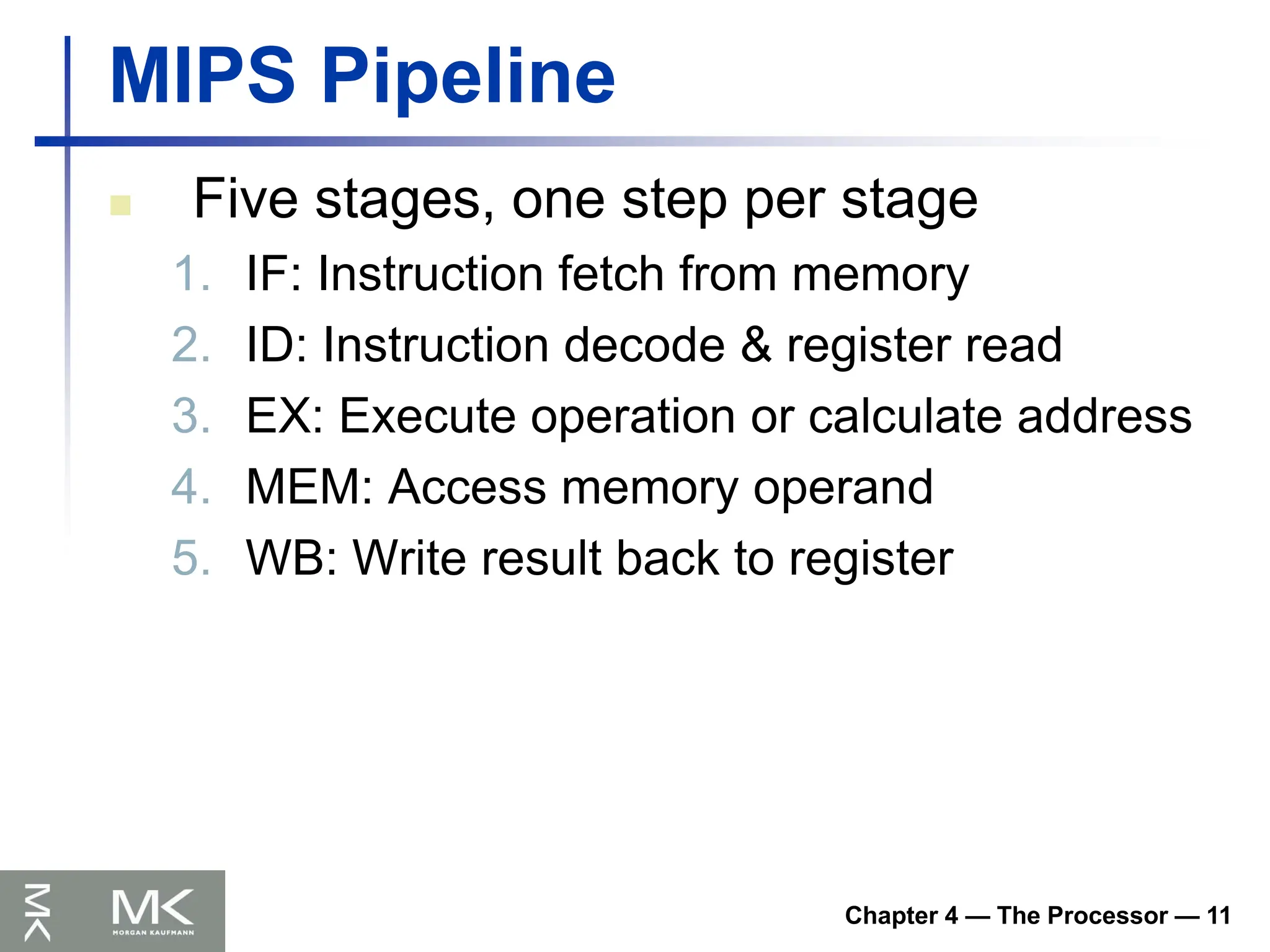 Chapter 4 — The Processor — 11
MIPS Pipeline
 Five stages, one step per stage
1. IF: Instruction fetch from memory
2. ID: Instruction decode & register read
3. EX: Execute operation or calculate address
4. MEM: Access memory operand
5. WB: Write result back to register
 