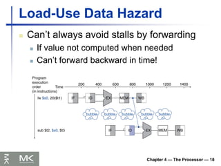 Chapter 4 — The Processor — 18
Load-Use Data Hazard
 Can’t always avoid stalls by forwarding
 If value not computed when needed
 Can’t forward backward in time!
 