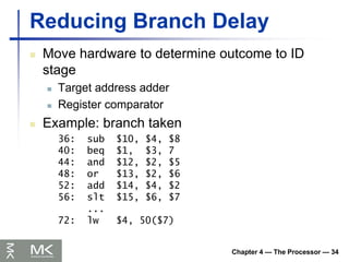 Chapter 4 — The Processor — 34
Reducing Branch Delay
 Move hardware to determine outcome to ID
stage
 Target address adder
 Register comparator
 Example: branch taken
36: sub $10, $4, $8
40: beq $1, $3, 7
44: and $12, $2, $5
48: or $13, $2, $6
52: add $14, $4, $2
56: slt $15, $6, $7
...
72: lw $4, 50($7)
 