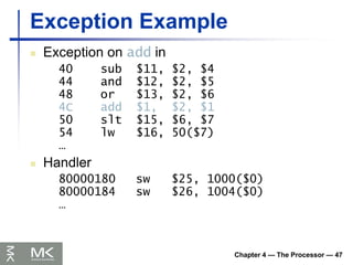 Chapter 4 — The Processor — 47
Exception Example
 Exception on add in
40 sub $11, $2, $4
44 and $12, $2, $5
48 or $13, $2, $6
4C add $1, $2, $1
50 slt $15, $6, $7
54 lw $16, 50($7)
…
 Handler
80000180 sw $25, 1000($0)
80000184 sw $26, 1004($0)
…
 