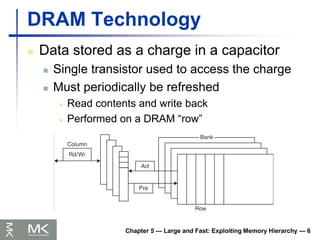 DRAM Technology
 Data stored as a charge in a capacitor
 Single transistor used to access the charge
 Must periodically be refreshed
 Read contents and write back
 Performed on a DRAM “row”
Chapter 5 — Large and Fast: Exploiting Memory Hierarchy — 6
 