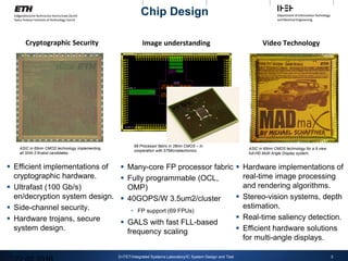 Cryptographic Security
 Efficient implementations of
cryptographic hardware.
 Ultrafast (100 Gb/s)
en/decryption system design.
 Side-channel security.
 Hardware trojans, secure
system design.
3
D-ITET/Integrated Systems Laboratory/IC System Design and Test
ASIC in 65nm CMOS technology implementing
all SHA-3 finalist candidates
Image understanding
 Many-core FP processor fabric
 Fully programmable (OCL,
OMP)
 40GOPS/W 3.5um2/cluster
 FP support (69 FPUs)
 GALS with fast FLL-based
frequency scaling
69 Processor fabric in 28nm CMOS – In
cooperation with STMicroelectronics
Video Technology
 Hardware implementations of
real-time image processing
and rendering algorithms.
 Stereo-vision systems, depth
estimation.
 Real-time saliency detection.
 Efficient hardware solutions
for multi-angle displays.
ASIC in 65nm CMOS technology for a 9 view
full-HD Multi Angle Display system.
Chip Design
 