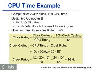 Chapter 1 — Computer Abstractions and Technology — 32
CPU Time Example
 Computer A: 2GHz clock, 10s CPU time
 Designing Computer B
 Aim for 6s CPU time
 Can do faster clock, but causes 1.2 × clock cycles
 How fast must Computer B clock be?
4GHz
6s
10
24
6s
10
20
1.2
Rate
Clock
10
20
2GHz
10s
Rate
Clock
Time
CPU
Cycles
Clock
6s
Cycles
Clock
1.2
Time
CPU
Cycles
Clock
Rate
Clock
9
9
B
9
A
A
A
A
B
B
B















 