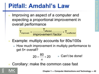Chapter 1 — Computer Abstractions and Technology — 42
Pitfall: Amdahl’s Law
 Improving an aspect of a computer and
expecting a proportional improvement in
overall performance
§1.10
Fallacies
and
Pitfalls
20
80
20 

n
 Can’t be done!
unaffected
affected
improved T
factor
t
improvemen
T
T 

 Example: multiply accounts for 80s/100s
 How much improvement in multiply performance to
get 5× overall?
 Corollary: make the common case fast
 
