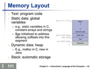 Chapter 2 — Instructions: Language of the Computer — 22
Memory Layout
 Text: program code
 Static data: global
variables
 e.g., static variables in C,
constant arrays and strings
 $gp initialized to address
allowing ±offsets into this
segment
 Dynamic data: heap
 E.g., malloc in C, new in
Java
 Stack: automatic storage
 