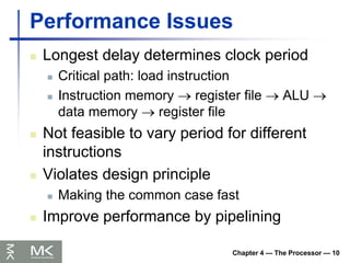 Chapter 4 — The Processor — 10
Performance Issues
 Longest delay determines clock period
 Critical path: load instruction
 Instruction memory  register file  ALU 
data memory  register file
 Not feasible to vary period for different
instructions
 Violates design principle
 Making the common case fast
 Improve performance by pipelining
 