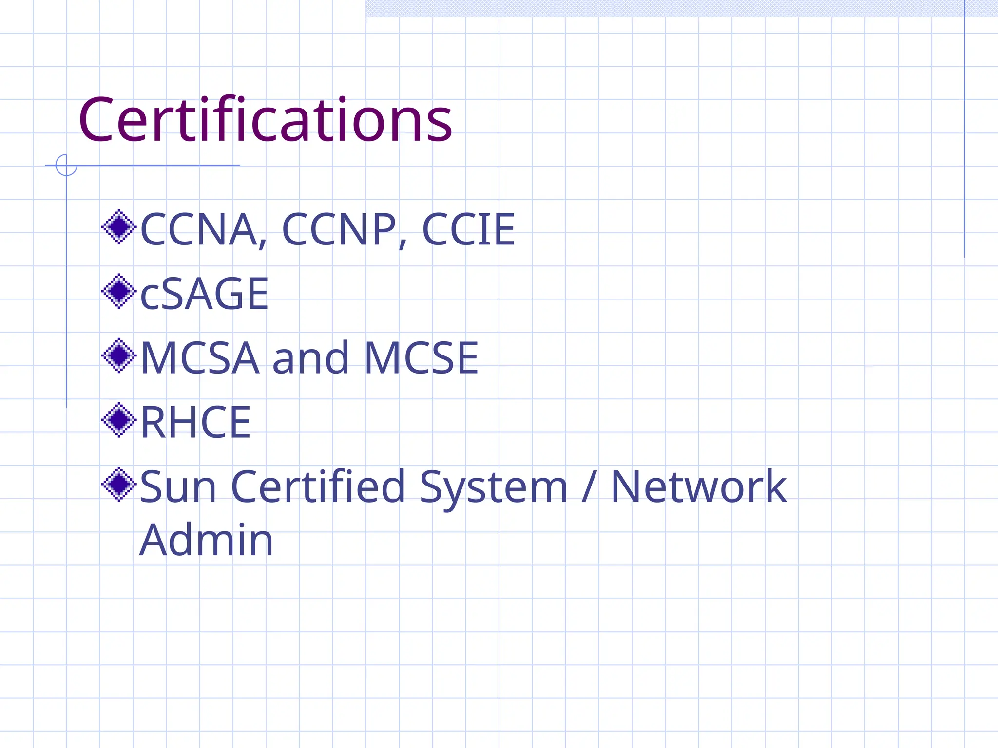 Certifications
CCNA, CCNP, CCIE
cSAGE
MCSA and MCSE
RHCE
Sun Certified System / Network
Admin
 
