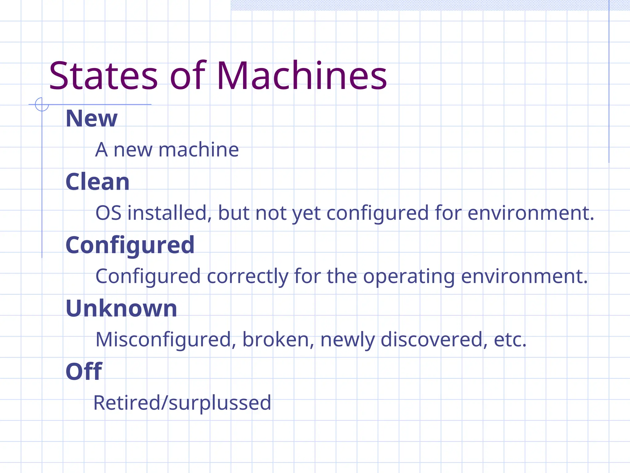 States of Machines
New
A new machine
Clean
OS installed, but not yet configured for environment.
Configured
Configured correctly for the operating environment.
Unknown
Misconfigured, broken, newly discovered, etc.
Off
Retired/surplussed
 