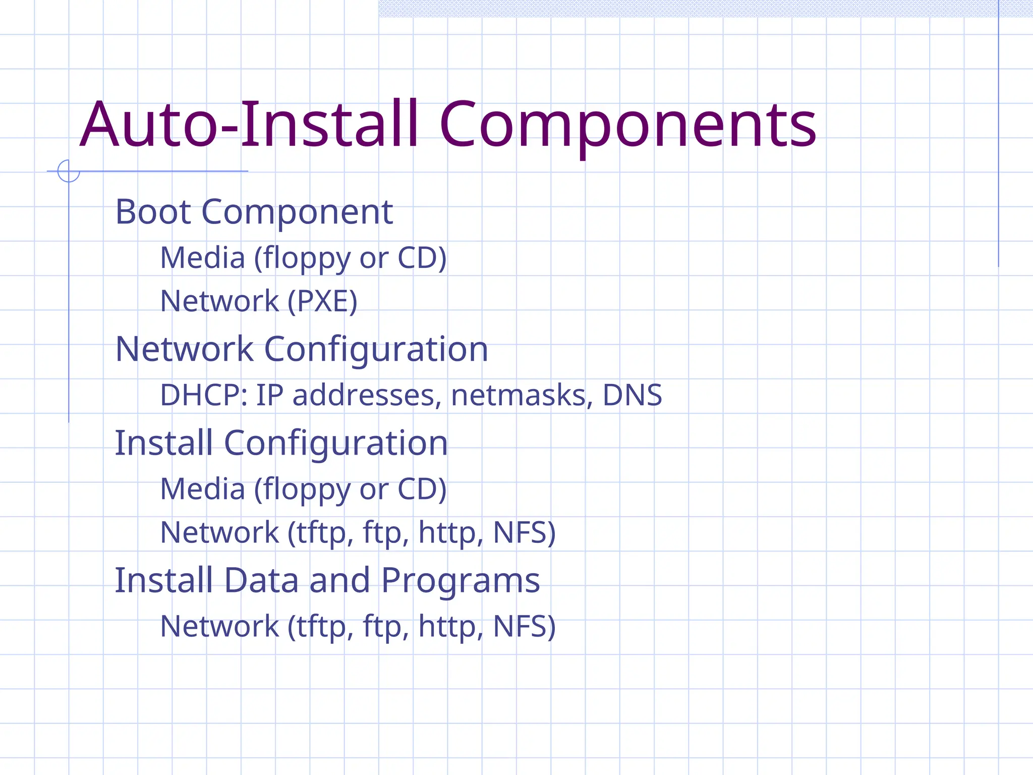 Auto-Install Components
Boot Component
Media (floppy or CD)
Network (PXE)
Network Configuration
DHCP: IP addresses, netmasks, DNS
Install Configuration
Media (floppy or CD)
Network (tftp, ftp, http, NFS)
Install Data and Programs
Network (tftp, ftp, http, NFS)
 