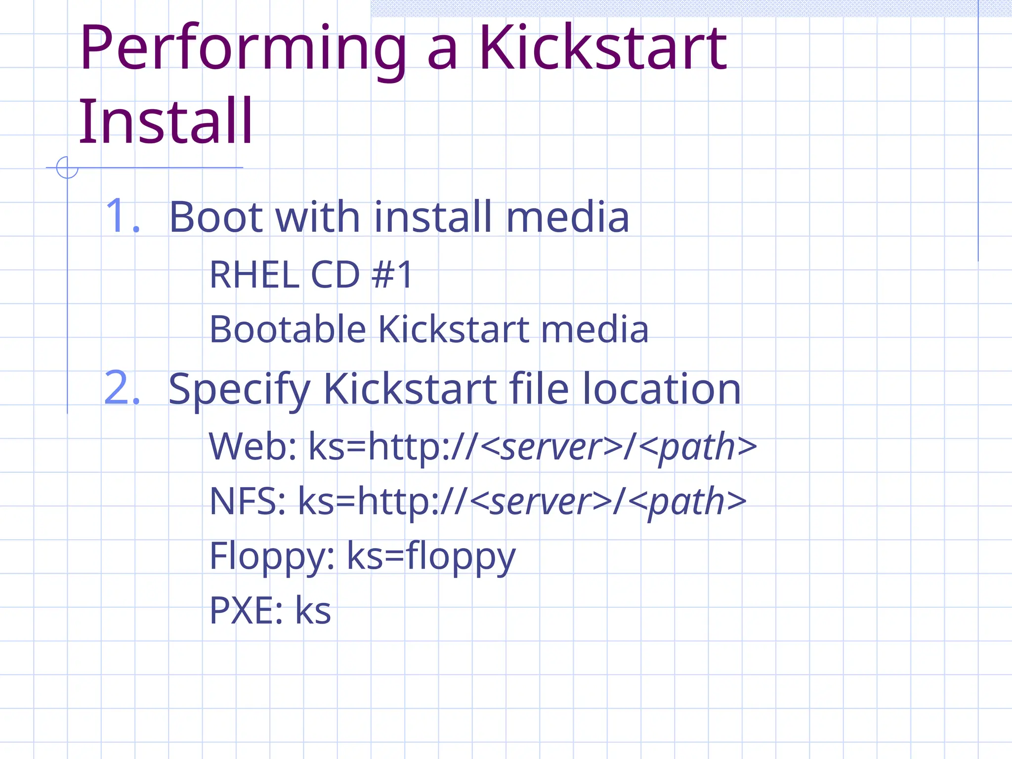 Performing a Kickstart
Install
1. Boot with install media
RHEL CD #1
Bootable Kickstart media
2. Specify Kickstart file location
Web: ks=http://<server>/<path>
NFS: ks=http://<server>/<path>
Floppy: ks=floppy
PXE: ks
 