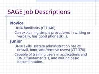 SAGE Job Descriptions
Novice
UNIX familiarity (CIT 140)
Can explaining simple procedures in writing or
verbally, has good phone skills.
Junior
UNIX skills, system administration basics
(install, boot, add/remove users) (CIT 370)
Capable of training users in applications and
UNIX fundamentals, and writing basic
documentation.
 