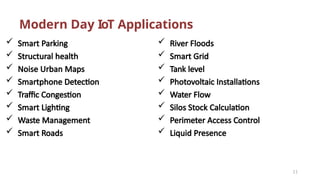 Modern Day IoT Applications
 Smart Parking
 Structural health
 Noise Urban Maps
 Smartphone Detection
 Traffic Congestion
 Smart Lighting
 Waste Management
 Smart Roads
11
 River Floods
 Smart Grid
 Tank level
 Photovoltaic Installations
 Water Flow
 Silos Stock Calculation
 Perimeter Access Control
 Liquid Presence
 