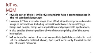 IoT vs.
M2M
18
 M2M is part of the IoT, while M2M standards have a prominent place in
the IoT standards landscape.
 However, IoT has a broader scope than M2M, since it comprises a broader
range of interactions, including interactions between devices/things,
things and people, things with applications and people with applications.
 It also enables the composition of workflows comprising all of the above
interactions.
 IoT includes the notion of internet connectivity (which is provided in most
of the networks outlined above), but is not necessarily focused on the
use of telcom networks.
 