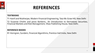 15
REFERENCES
TEXTBOOKS
T1 Hanif and Mukherjee, Modern Financial Engineering, Tata Mc Graw Hill, New Delhi
T2 Susanne Chishti and Janos Barberis., An Introduction to Derivatives Securities,
Financial Markets and Risk Management, Vikas Publishing House, New Delhi.
REFERENCE BOOKS
R1 Horngren, Sundem, Financial Algorithms, Prentice Hall India, New Delhi
 