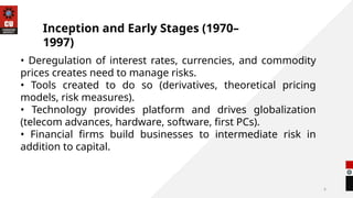 6
Inception and Early Stages (1970–
1997)
• Deregulation of interest rates, currencies, and commodity
prices creates need to manage risks.
• Tools created to do so (derivatives, theoretical pricing
models, risk measures).
• Technology provides platform and drives globalization
(telecom advances, hardware, software, first PCs).
• Financial firms build businesses to intermediate risk in
addition to capital.
 