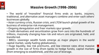 7
Massive Growth (1998–2006)
• The world of “monoline” financial firms ends as banks, insurers,
traditional, and alternative asset managers combine and enter each others’
businesses globally.
• Asian currency crisis, Russian crisis, and LTCM launch global growth of the
business of enterprise risk management.
• Ongoing deregulation and freer markets spur growth.
• Credit derivatives and securitization grow from zero into the hundreds of
trillions, massively changing how risk and return are originated, held, and
transferred.
• BRICs, sovereign wealth funds emerge as major players in the world
capital market, vastly fueling globalization.
• Huge liquidity, low risk premiums, and low interest rates drive massive
growth in the size of firms (from banks to hedge funds), capital markets
(from emerging to established), and the use of leverage.
 