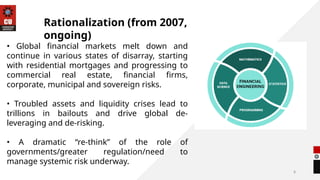 8
Rationalization (from 2007,
ongoing)
• Global financial markets melt down and
continue in various states of disarray, starting
with residential mortgages and progressing to
commercial real estate, financial firms,
corporate, municipal and sovereign risks.
• Troubled assets and liquidity crises lead to
trillions in bailouts and drive global de-
leveraging and de-risking.
• A dramatic “re-think” of the role of
governments/greater regulation/need to
manage systemic risk underway.
 