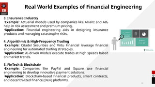 10
3. Insurance Industry
•Example: Actuarial models used by companies like Allianz and AIG
help in risk assessment and premium pricing.
•Application: Financial engineering aids in designing insurance
products and managing catastrophe risks.
4. Algorithmic & High-Frequency Trading
•Example: Citadel Securities and Virtu Financial leverage financial
engineering for automated trading strategies.
•Application: AI-driven models execute trades at high speeds based
on market trends.
5. FinTech & Blockchain
•Example: Companies like PayPal and Square use financial
engineering to develop innovative payment solutions.
•Application: Blockchain-based financial products, smart contracts,
and decentralized finance (DeFi) platforms.
Real World Examples of Financial Engineering
 