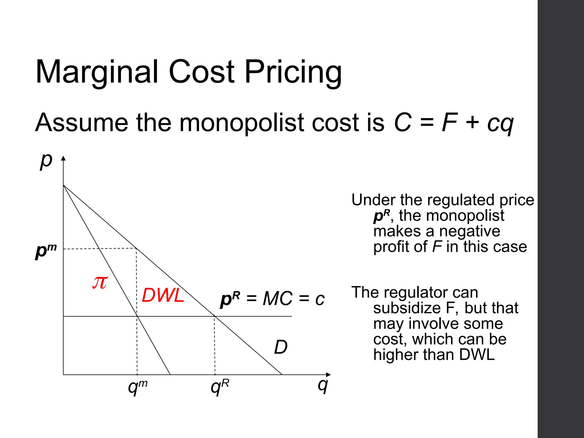 Marginal Cost Pricing
p
qm q
pR
= MC = c
pm
Assume the monopolist cost is C = F + cq
qR
 DWL
Under the regulated price
pR
, the monopolist
makes a negative
profit of F in this case
The regulator can
subsidize F, but that
may involve some
cost, which can be
higher than DWL
D
 