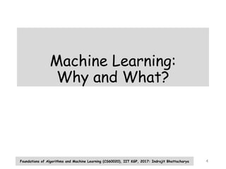 4
Machine Learning:
Why and What?
Foundations of Algorithms and Machine Learning (CS60020), IIT KGP, 2017: Indrajit Bhattacharya
 