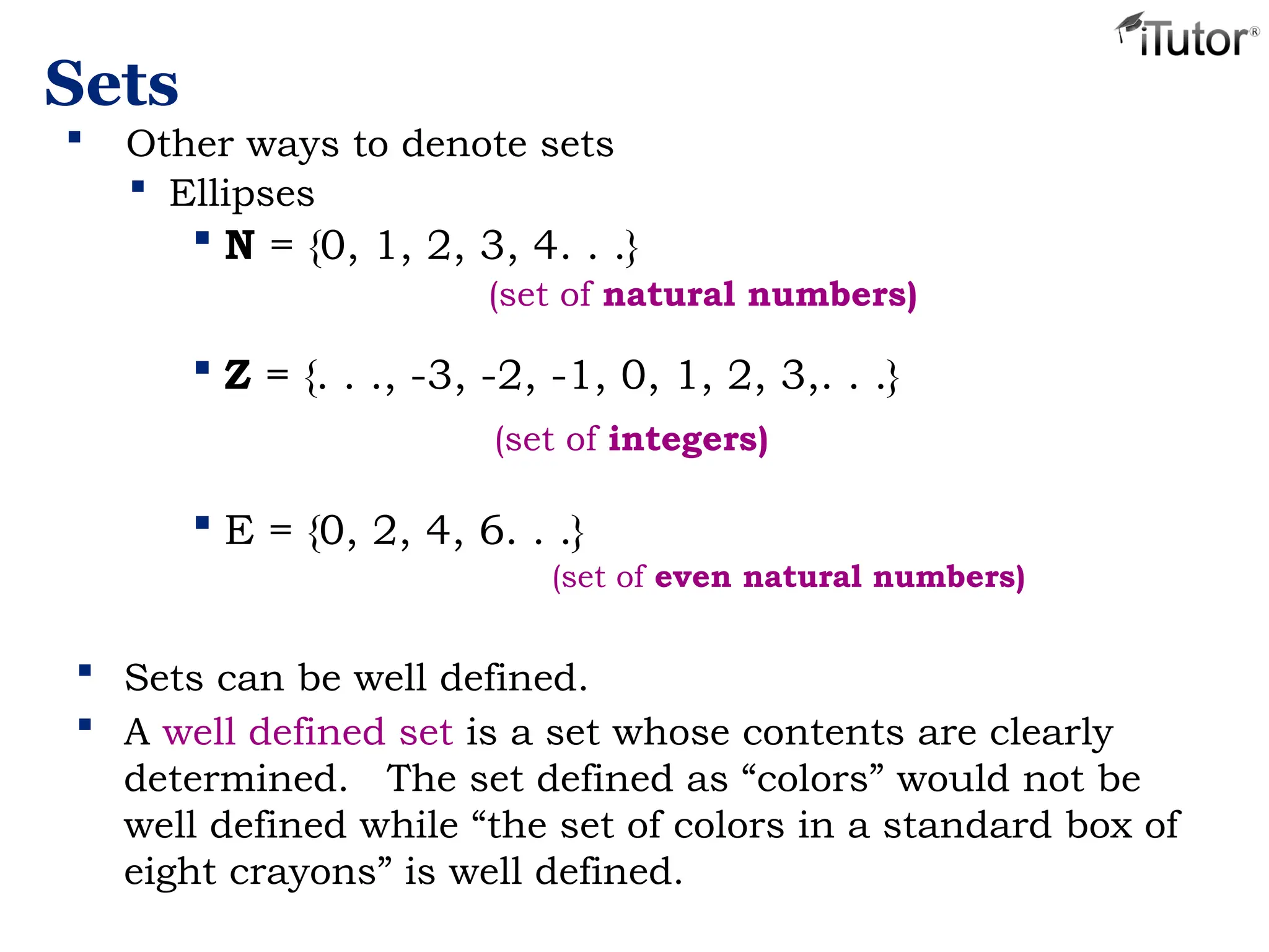 Sets
 Sets can be well defined.
 A well defined set is a set whose contents are clearly
determined. The set defined as “colors” would not be
well defined while “the set of colors in a standard box of
eight crayons” is well defined.
 Other ways to denote sets
 Ellipses
 N = {0, 1, 2, 3, 4. . .}
(set of natural numbers)
 Z = {. . ., -3, -2, -1, 0, 1, 2, 3,. . .}
(set of integers)
 E = {0, 2, 4, 6. . .}
(set of even natural numbers)
 