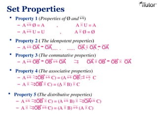 Set Properties
 Property 1 (Properties of Ø and )
– A  Ø = A , A  U = A
– A U = U , A  Ø = Ø
 Property 2 ( The idempotent properties)
– A                 
    
 Property 3 (The commutative properties)
– A  
 Property 4 (The associative properties)
– A C) = (A   C
– A C) = (A  B) C
 Property 5 (The distributive properties)
– A C) = (A B) C)
– A  C) = (A  B)  (A  C)
 