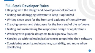 Musa Hodman
Full Stack Developer Rules
17
▪ Helping with the design and development of software
▪ Testing and debugging software to keep it optimized
▪ Writing clean code for the front and back end of the software
▪ Creating servers and databases for the back end of the software
▪ Testing and maintaining the responsive design of applications
▪ Working with graphic designers to design new features
▪ Keeping up with technological advances to optimize their software
▪ Considering security, maintenance, scalability, and more when
developing
 