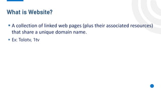 Musa Hodman
What is Website?
5
▪ A collection of linked web pages (plus their associated resources)
that share a unique domain name.
▪ Ex: Tolotv, 1tv
 