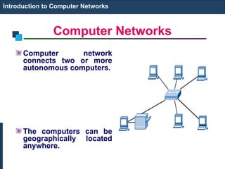 Computer Networks
Computer network
connects two or more
autonomous computers.
The computers can be
geographically located
anywhere.
Introduction to Computer Networks
 