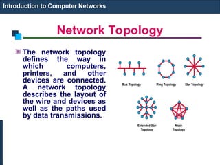 Network Topology
The network topology
defines the way in
which computers,
printers, and other
devices are connected.
A network topology
describes the layout of
the wire and devices as
well as the paths used
by data transmissions.
Introduction to Computer Networks
 