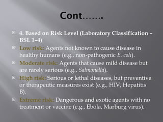 Cont…….
 4. Based on Risk Level (Laboratory Classification –
BSL 1–4)
 Low risk: Agents not known to cause disease in
healthy humans (e.g., non-pathogenic E. coli).
 Moderate risk: Agents that cause mild disease but
are rarely serious (e.g., Salmonella).
 High risk: Serious or lethal diseases, but preventive
or therapeutic measures exist (e.g., HIV, Hepatitis
B).
 Extreme risk: Dangerous and exotic agents with no
treatment or vaccine (e.g., Ebola, Marburg virus).
 