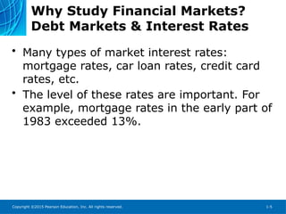 Copyright ©2015 Pearson Education, Inc. All rights reserved. 1-5
Why Study Financial Markets?
Debt Markets & Interest Rates
• Many types of market interest rates:
mortgage rates, car loan rates, credit card
rates, etc.
• The level of these rates are important. For
example, mortgage rates in the early part of
1983 exceeded 13%.
 