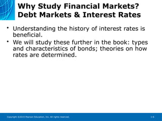 Copyright ©2015 Pearson Education, Inc. All rights reserved. 1-6
Why Study Financial Markets?
Debt Markets & Interest Rates
• Understanding the history of interest rates is
beneficial.
• We will study these further in the book: types
and characteristics of bonds; theories on how
rates are determined.
 