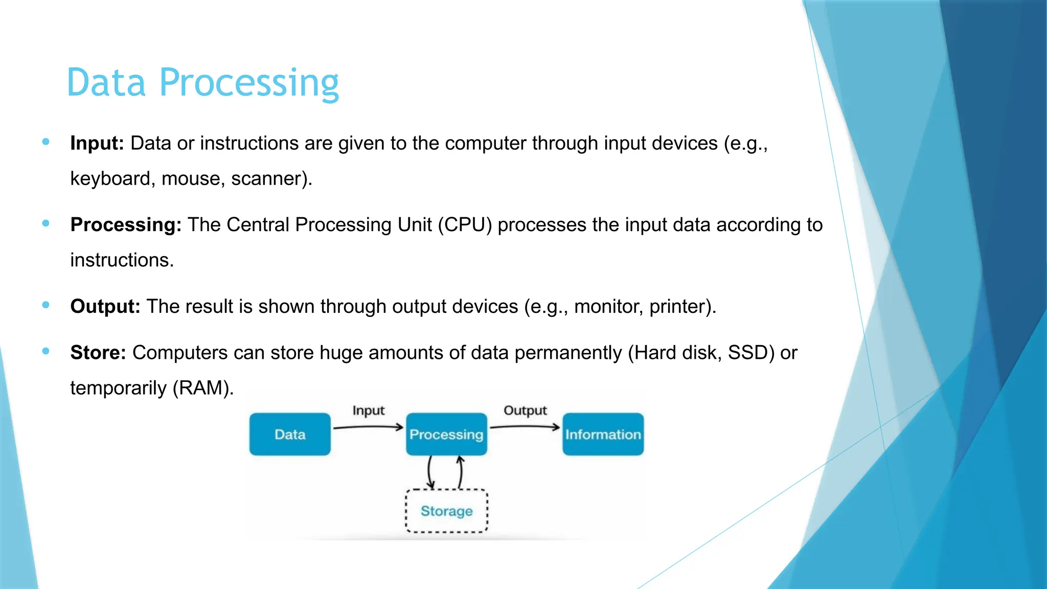 Data Processing
• Input: Data or instructions are given to the computer through input devices (e.g.,
keyboard, mouse, scanner).
• Processing: The Central Processing Unit (CPU) processes the input data according to
instructions.
• Output: The result is shown through output devices (e.g., monitor, printer).
• Store: Computers can store huge amounts of data permanently (Hard disk, SSD) or
temporarily (RAM).
 