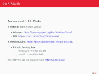 Get R/RStudio
Two step install: 1. R, 2. RStudio
1. Install R, get the latest version
• Windows: https://cran.r-project.org/bin/windows/base/
• OSX: https://cran.r-project.org/bin/macosx/
2. Install RStudio: https://posit.co/download/rstudio-desktop/
• RStudio Desktop Free
• Windows 10/11 Install the .EXE
• macOS 11+ Install the .DMG
Alternatively, use the cloud version: https://posit.cloud
15/30
 
