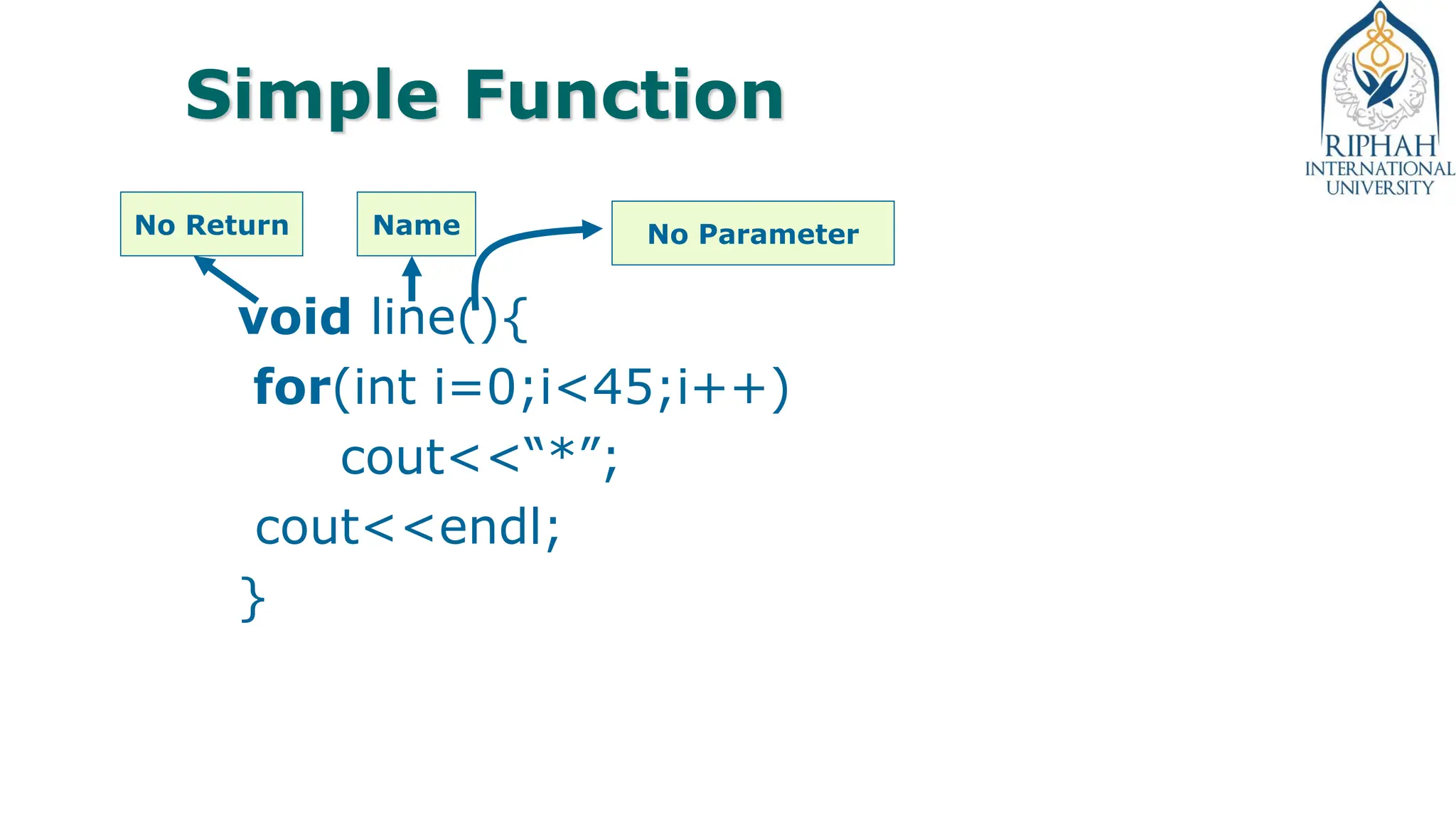 Simple Function
void line(){
for(int i=0;i<45;i++)
cout<<“*”;
cout<<endl;
}
No Return Name No Parameter
 