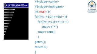 #include<conio>
#include<iostream>
int main(){
for(int i=10;i>=0;i--){
for(int j=1;j<=i;j++)
cout<<"*";
cout<<endl;
}
getch();
return 0;
}
 