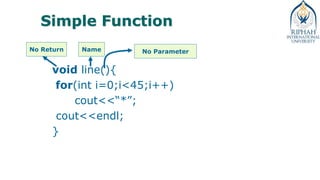 Simple Function
void line(){
for(int i=0;i<45;i++)
cout<<“*”;
cout<<endl;
}
No Return Name No Parameter
 