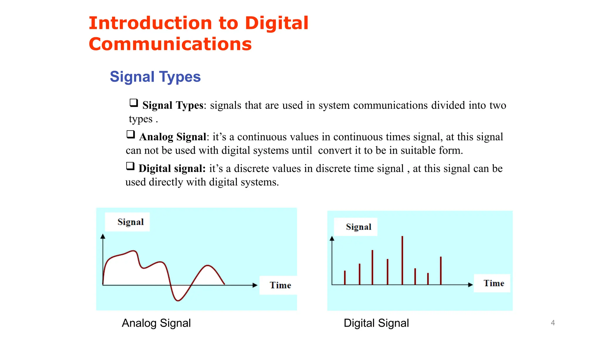 Signal Types
 Analog Signal: it’s a continuous values in continuous times signal, at this signal
can not be used with digital systems until convert it to be in suitable form.
Analog Signal Digital Signal
Introduction to Digital
Communications
 Digital signal: it’s a discrete values in discrete time signal , at this signal can be
used directly with digital systems.
4
 Signal Types: signals that are used in system communications divided into two
types .
 