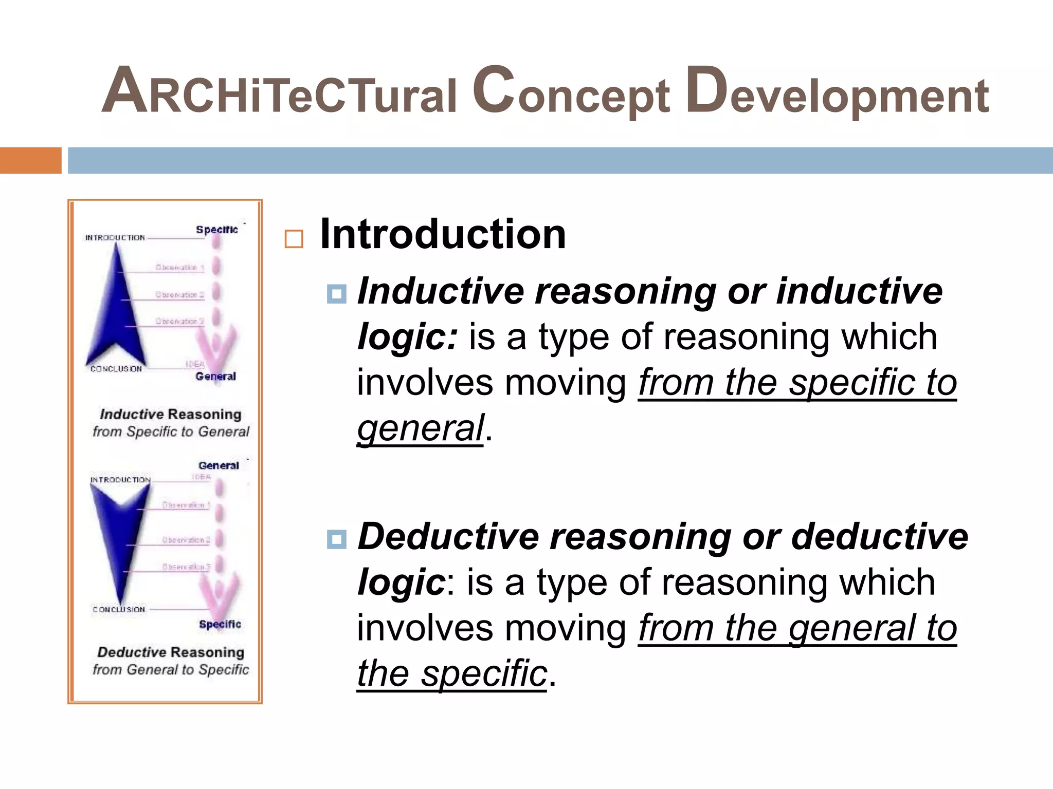 ARCHiTeCTural Concept Development
 Introduction
 Inductive reasoning or inductive
logic: is a type of reasoning which
involves moving from the specific to
general.
 Deductive reasoning or deductive
logic: is a type of reasoning which
involves moving from the general to
the specific.
 