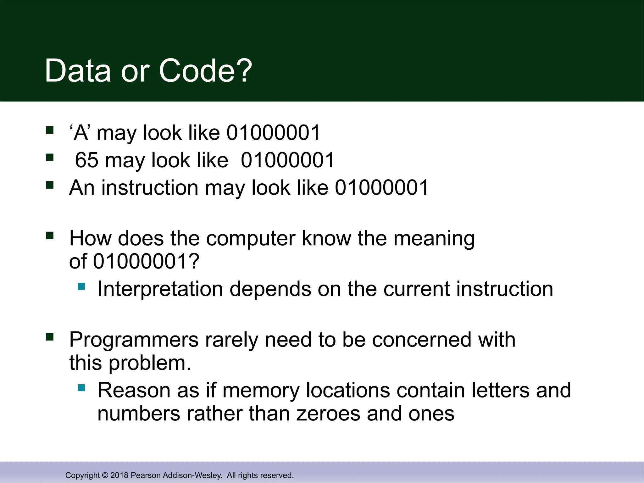 Copyright © 2018 Pearson Addison-Wesley. All rights reserved.
Data or Code?
 ‘A’ may look like 01000001
 65 may look like 01000001
 An instruction may look like 01000001
 How does the computer know the meaning
of 01000001?
 Interpretation depends on the current instruction
 Programmers rarely need to be concerned with
this problem.
 Reason as if memory locations contain letters and
numbers rather than zeroes and ones
 