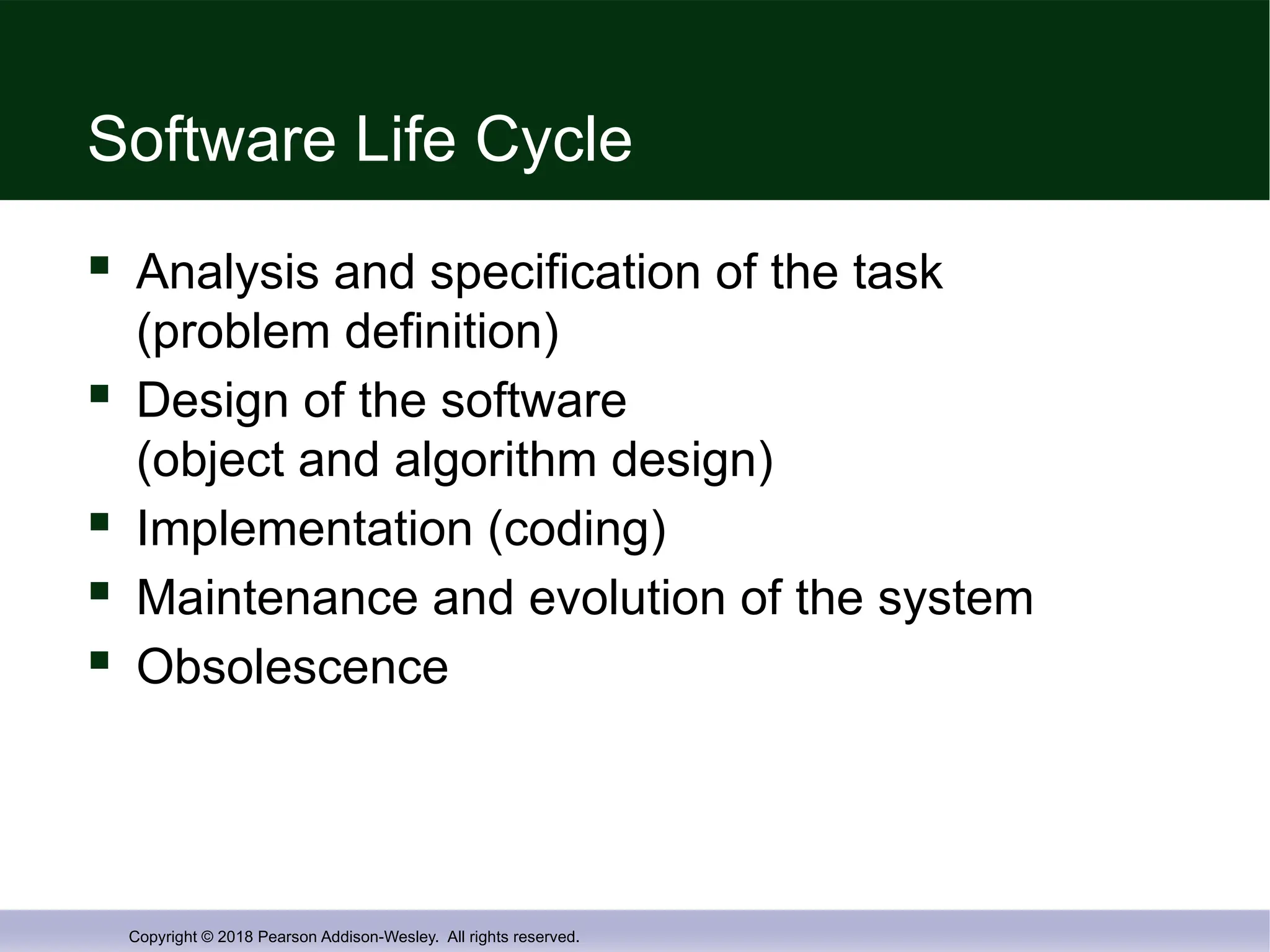 Copyright © 2018 Pearson Addison-Wesley. All rights reserved.
Software Life Cycle
 Analysis and specification of the task
(problem definition)
 Design of the software
(object and algorithm design)
 Implementation (coding)
 Maintenance and evolution of the system
 Obsolescence
 