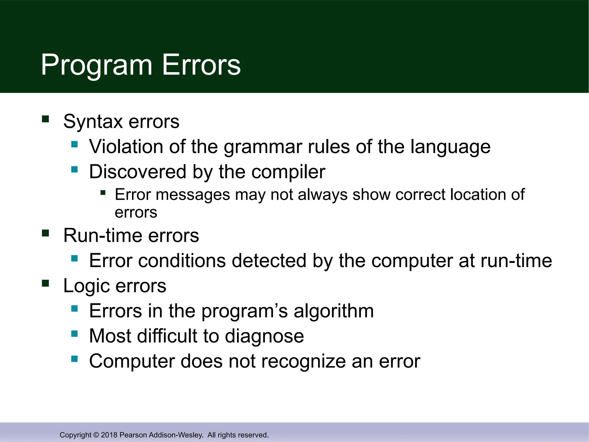 Copyright © 2018 Pearson Addison-Wesley. All rights reserved.
Program Errors
 Syntax errors
 Violation of the grammar rules of the language
 Discovered by the compiler

Error messages may not always show correct location of
errors
 Run-time errors
 Error conditions detected by the computer at run-time
 Logic errors
 Errors in the program’s algorithm
 Most difficult to diagnose
 Computer does not recognize an error
 