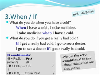 x4
                                             p25. U3:B-E
3.When / If
What do you do when you have a cold?
   When I have a cold , I take medicine.
    I take medicine when I have a cold.
What do you do if you get a really bad cold?
   If I get a really bad cold, I go to see a doctor.
   I go to see a doctor if I get a really bad cold.
                                                     ro
If conditionals:
                                    -We  use the ze
                                                         lk
-If + Ps.S, … Pr.S
                                    -condit  ional to ta
(when*)        /0                                         are
                                     -about t hings that
- If + Pr.S, … F.S            /
1                                    -always true.
- If + P.S, … F.S in Past     /
 